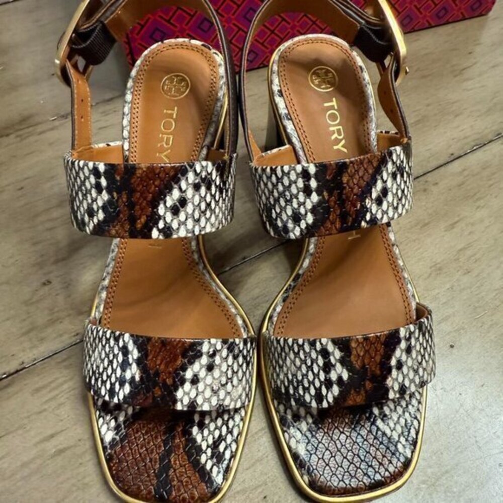 Stylish Tory Burch Snake Print Heeled Sandals